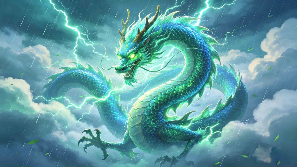 Azure Dragon (Qing Long) Chinese mythology eastern guardian, blue-green celestial dragon with clouds and rain, traditional Chinese art illustration