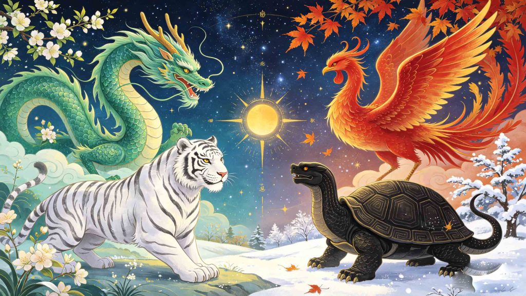 Four Celestial Guardians (Si Xiang) Chinese mythology, Azure Dragon East Wood, White Tiger West Metal, Vermilion Bird South Fire, Black Tortoise North Water, five elements cycle diagram
